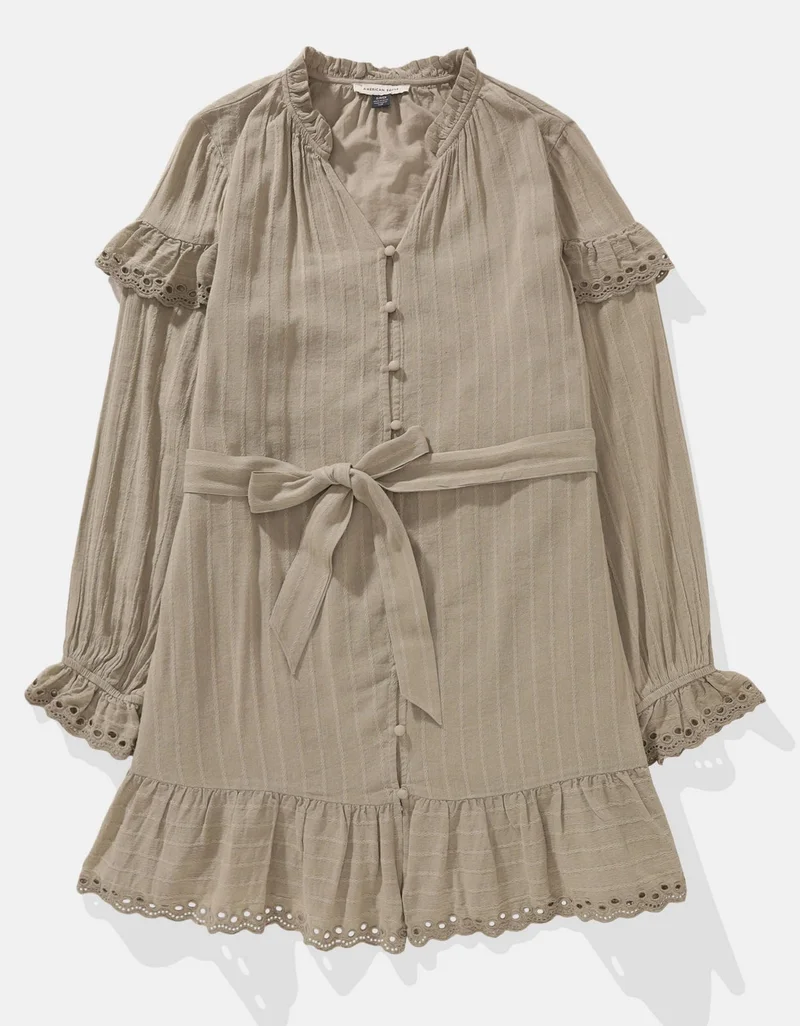American Eagle AE Long-Sleeve Button-Up Ruffle Mini Dress